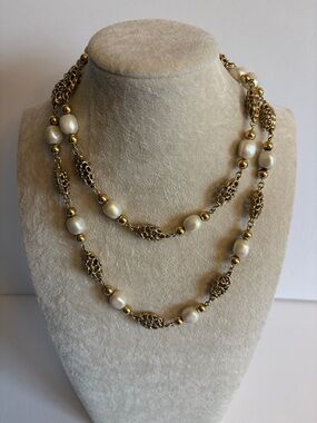 Gold Filigree & Faux Pearl Station Necklace | Vintage Style Layering 32"